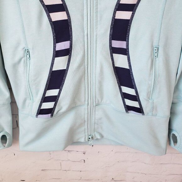 Lululemon Instride Jacket Size 4 Light Blue Striped Omega Logo Long Length - Picture 4 of 9